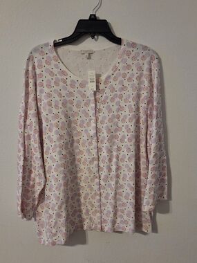 Talbots Plus Size 3X Cardigan Sweater Cream Pink Polka Dot Knit Button Front NWT
